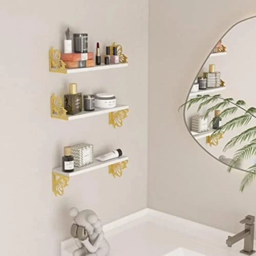 New 3-Pack Butterfly Wall Shelves, White Gold Floating Shelves for Home Decor